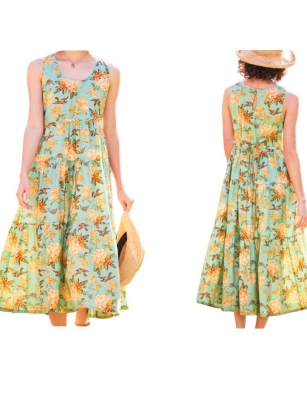 NWT April Cornell Valley Of Flowers Midi Dress Aqua Blue Bird Floral Size M